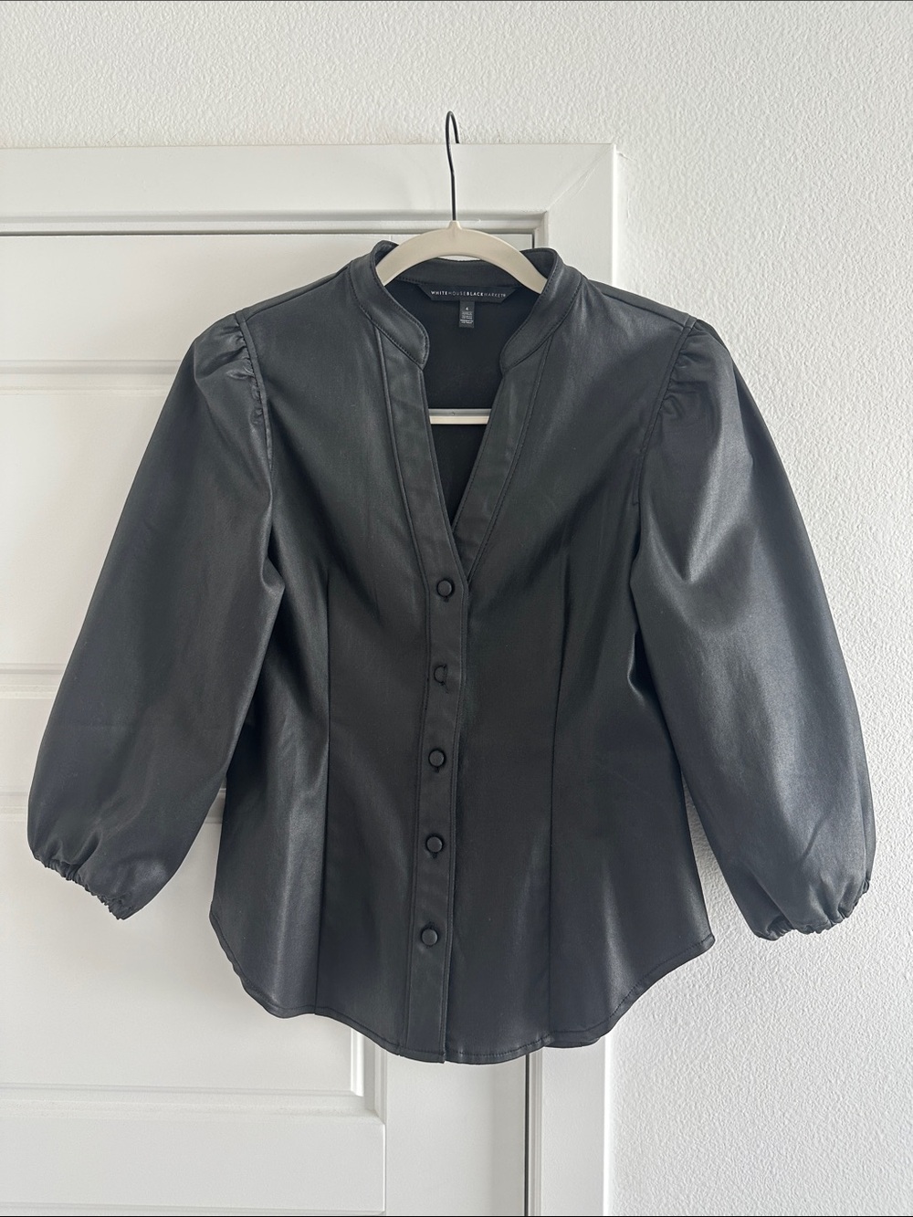 NWOT White House Black Market Black Faux Leather Button-Front Puff Sleeve Top 4